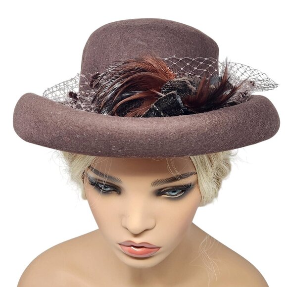 Vintage Brown Wool Felt Meril Hat With Feathers & Netting, Kentucky Derby Hat main image 4